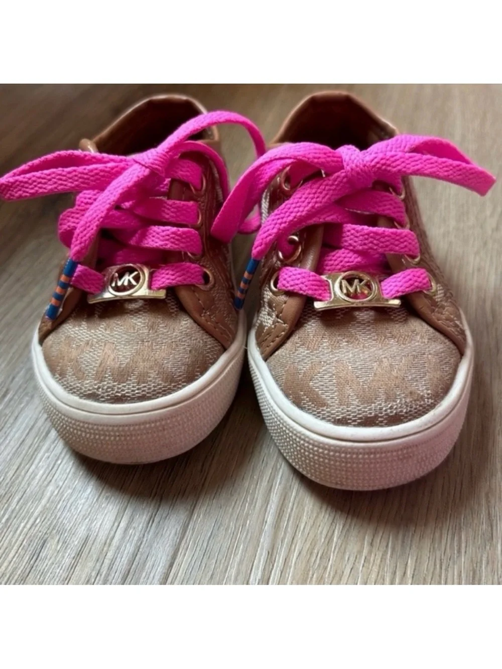 Michael Kors Lil Rita Toddler Sneakers Size 5 Tan MK Logo Pink Laces Shoes